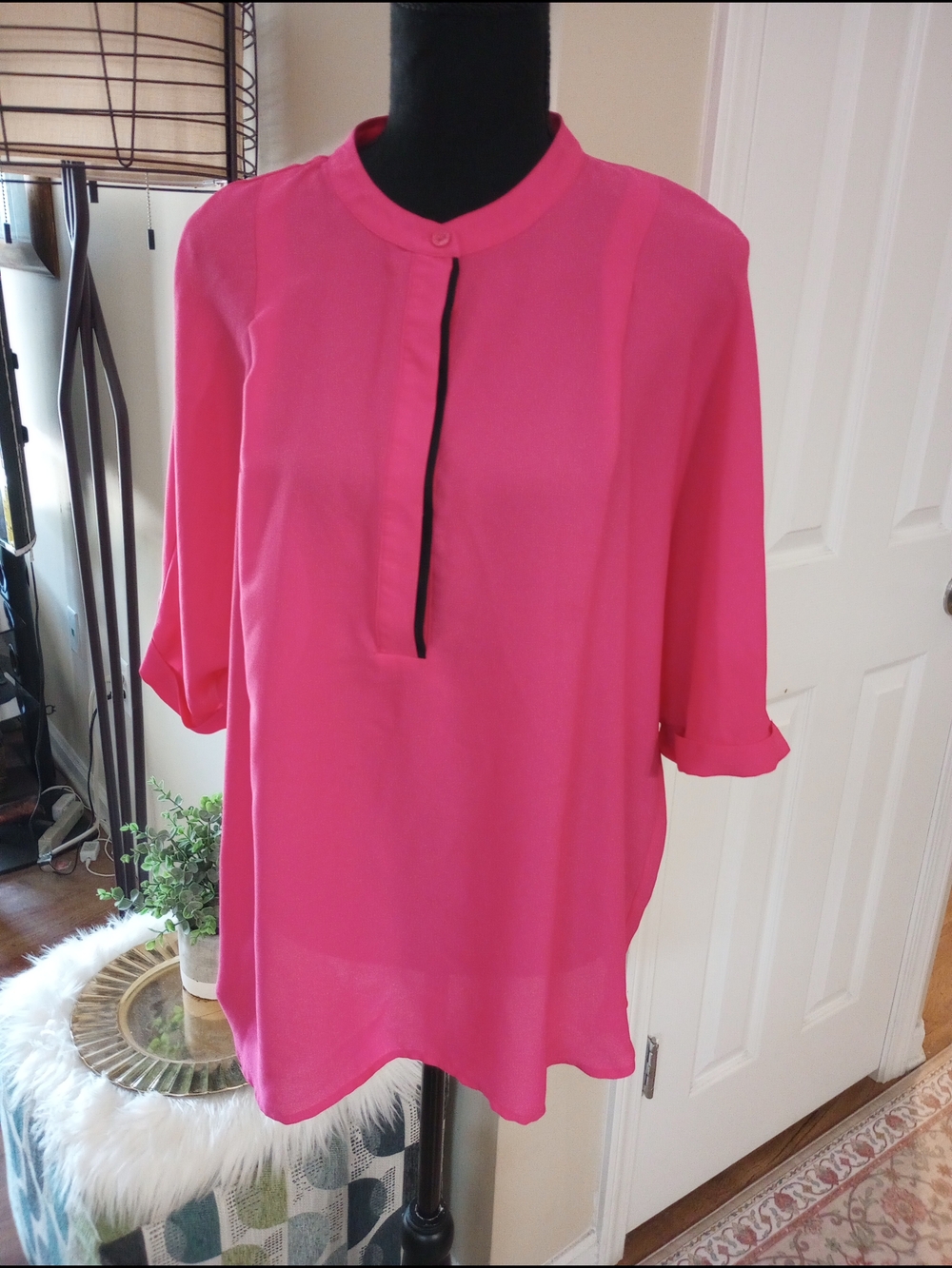 Investments Hot Pink Blouse with Black Placket Trim